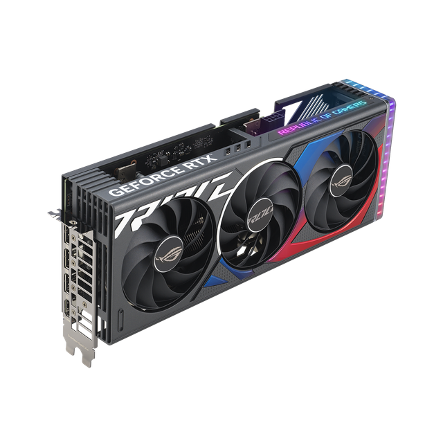 Rog Strix Ge Force Rtx 4060 Ti Angled Top Down View, Highlighting the Fans, Argb Element, and Io Ports1